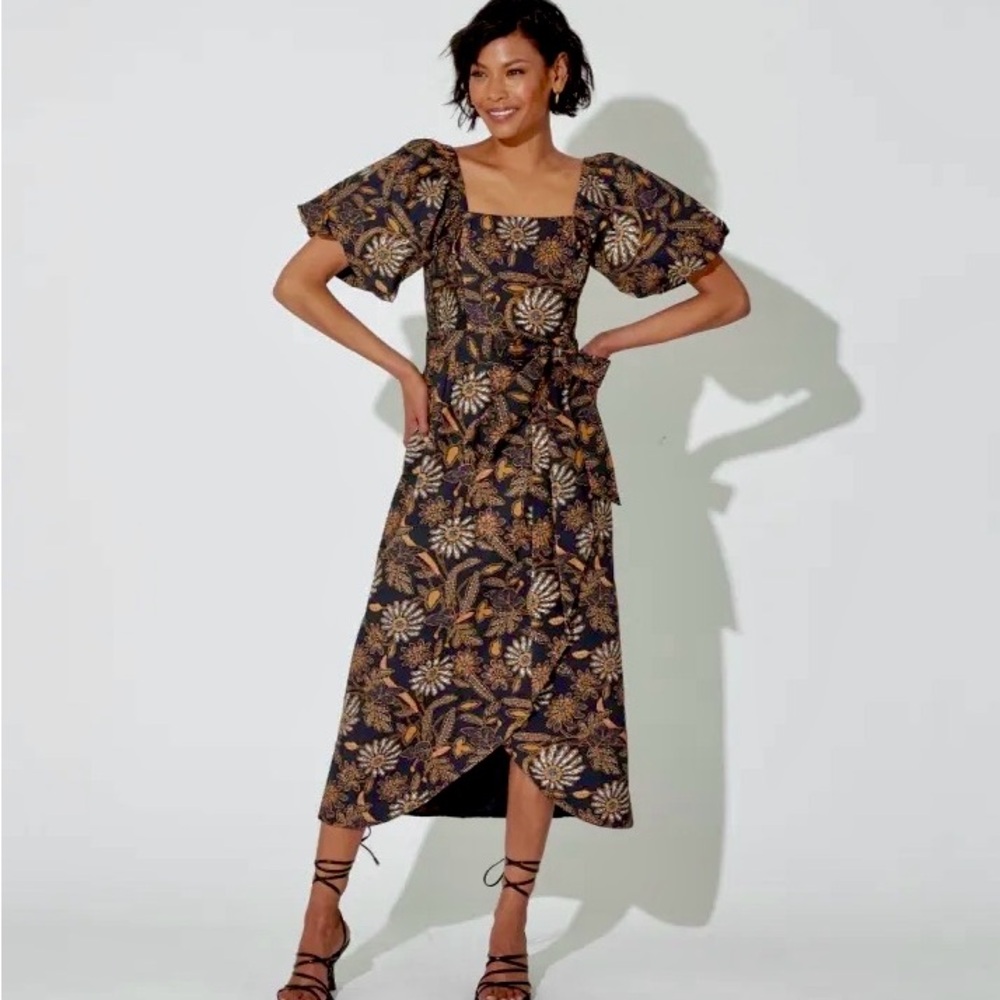 Black Floral Puff-Sleeve Midi Dress